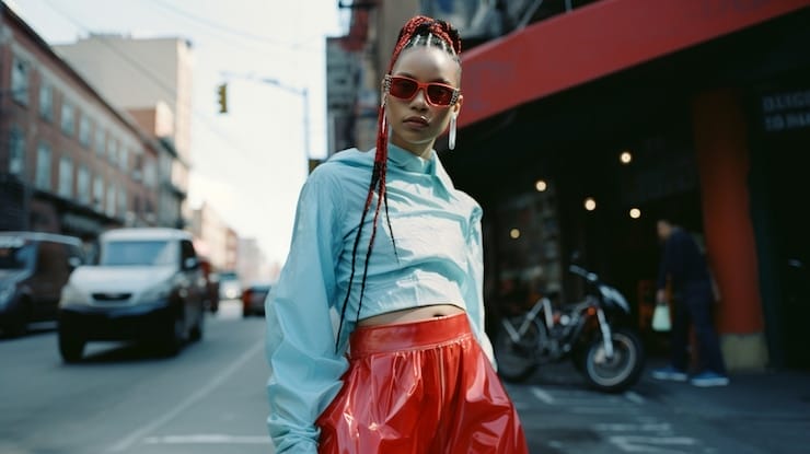 A black woman in red pants and red sunglasses street style
