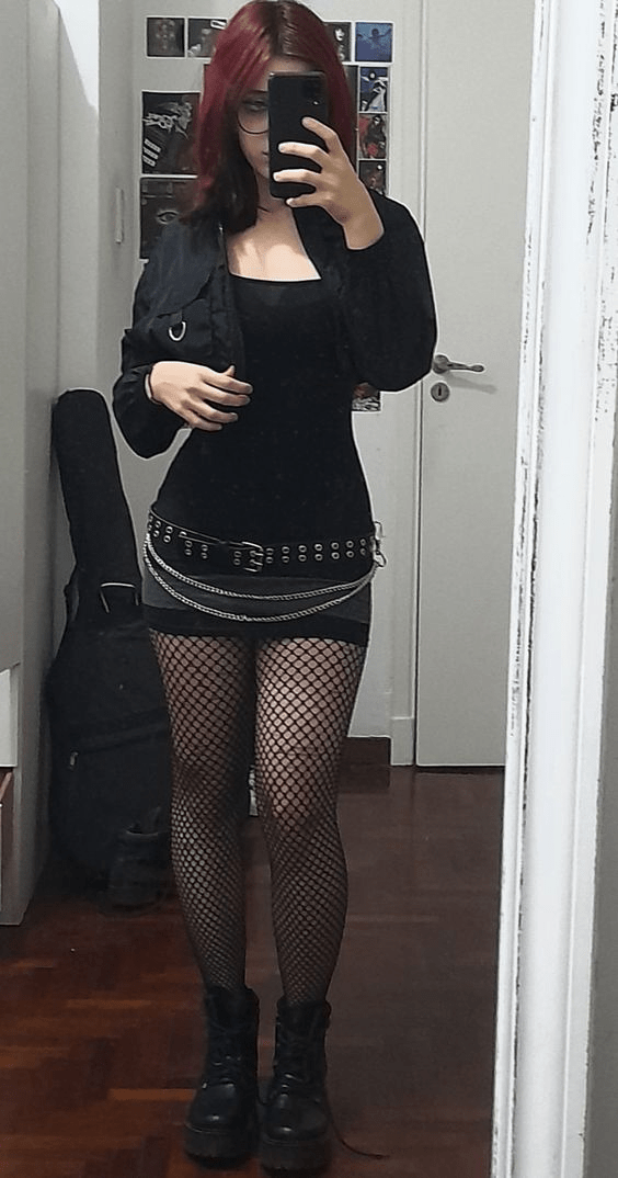 A playful mini skirt and fishnet pantyhose rock style for winter club outfits
