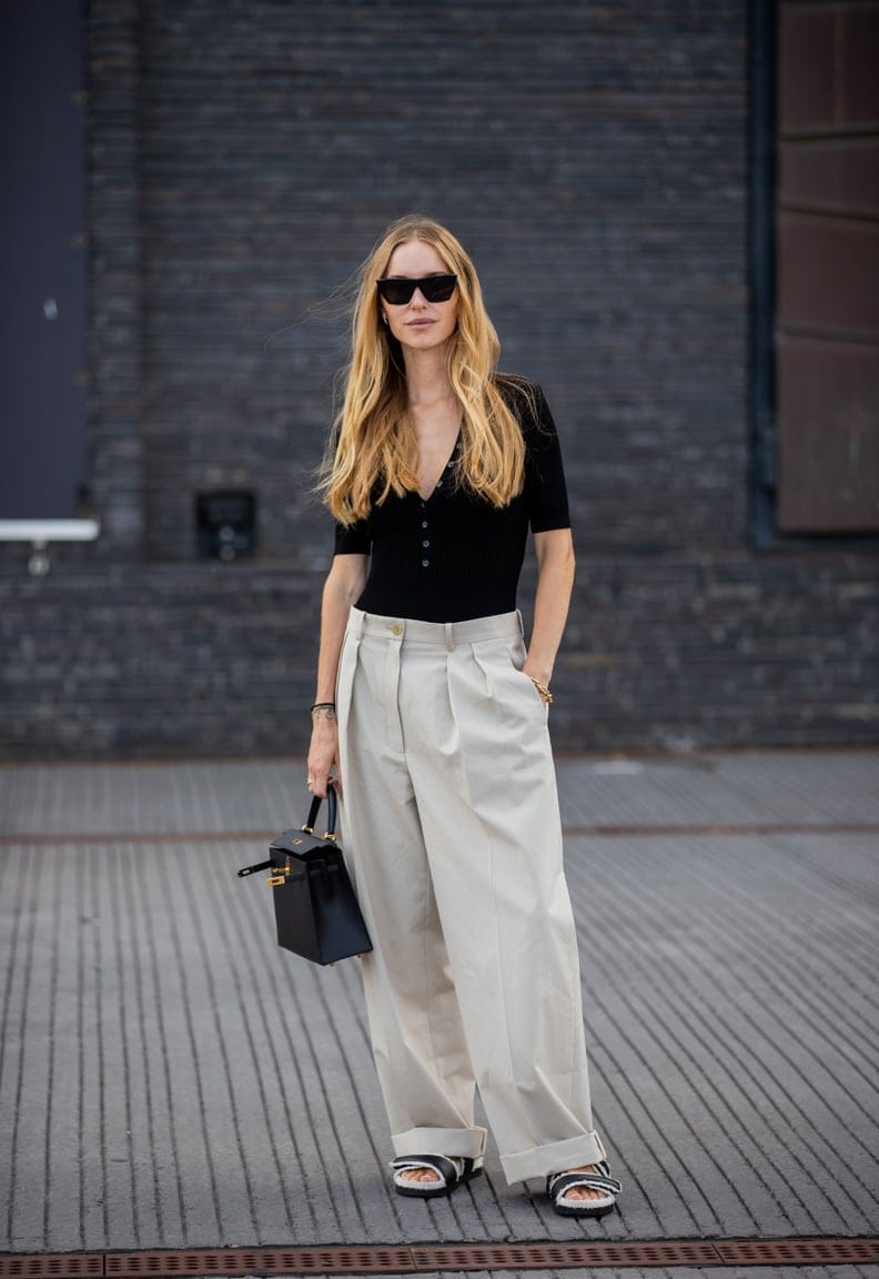 Wide-Leg Pants With a Knit Cardigan and Slides