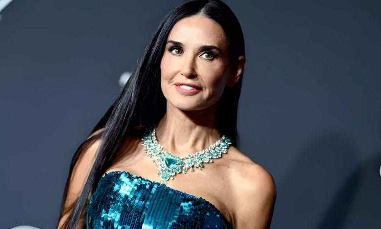 Demi Moore Wows in a Blue Mermaid Gown with a Striking Avant-Garde Hip Detail
