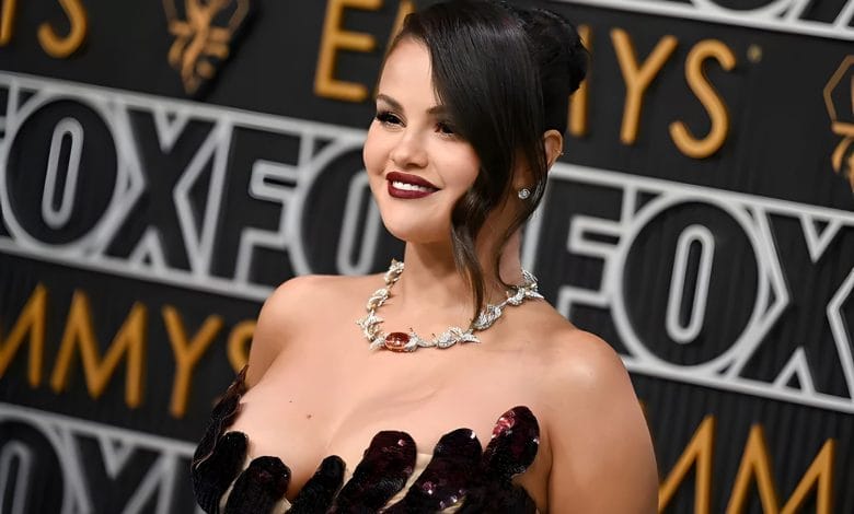 Selena Gomez's Black Cherry Nail Art Complements Her Emmys Sheer Dress